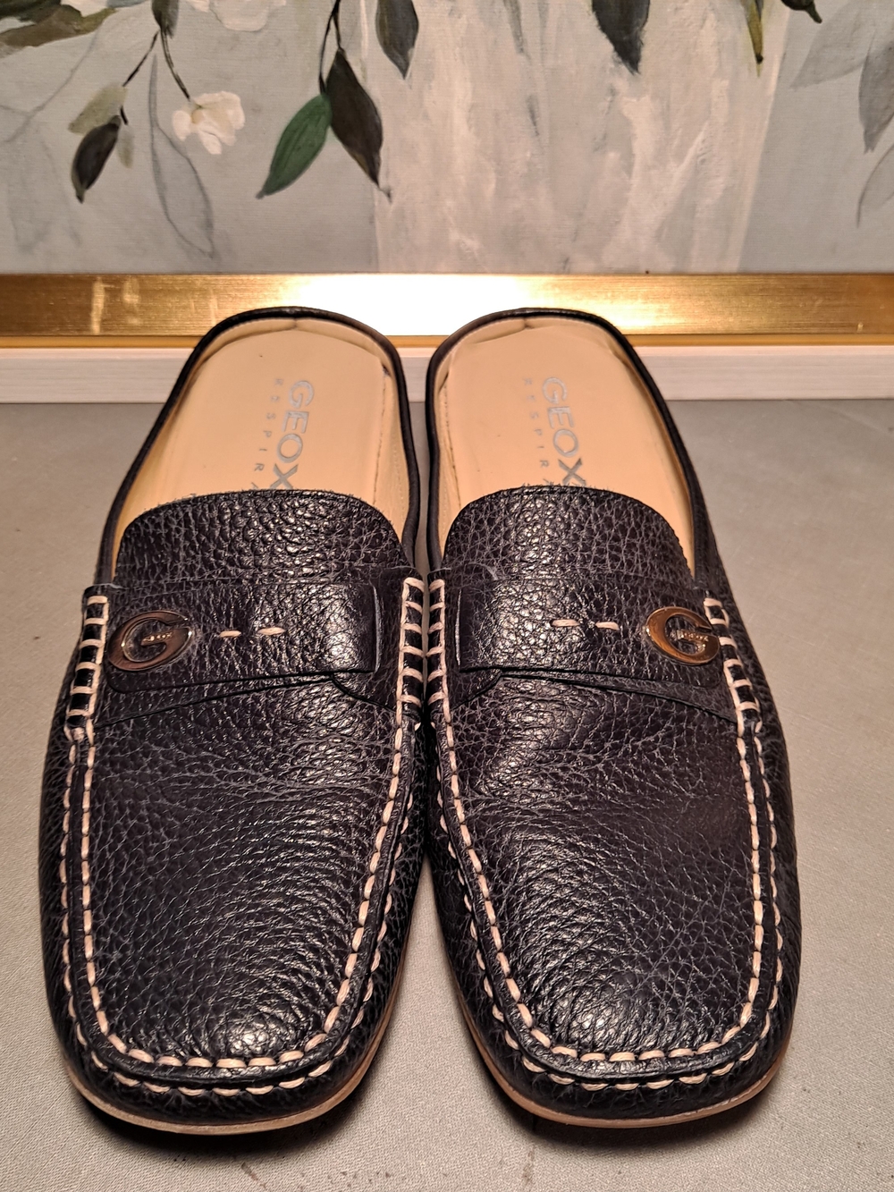 Geox Respira Black Pebble Leather Moccasin Mule Slipon Loafers 39.5 8.5-9 Preppy